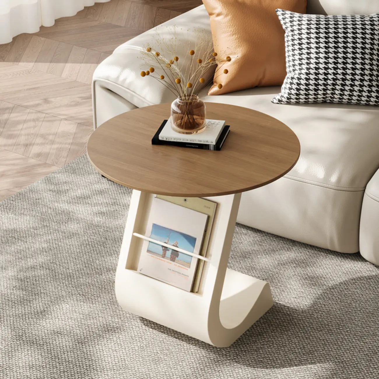 Table d'appoint de rangement moderne en forme de C avec plateau en pierre noire