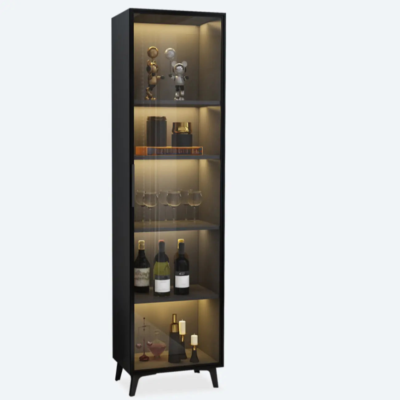 Étagère métallique moderne au sol avec portes vitrées, vitrine