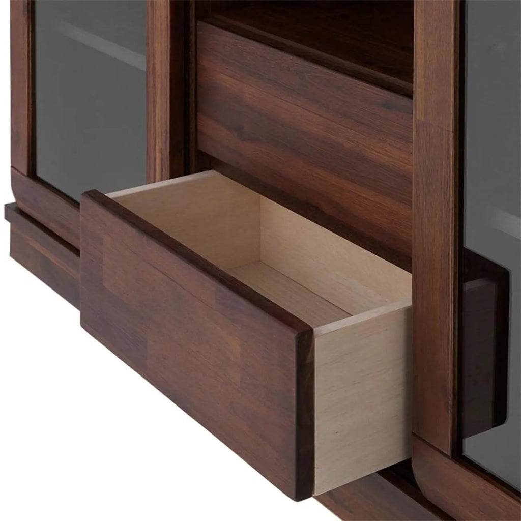 Vitrine moderne en bois brun et verre avec rangement