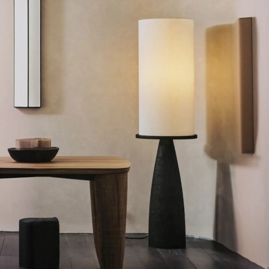 Lampadaire en bois avec abat-jour en tissu géométrique moderne