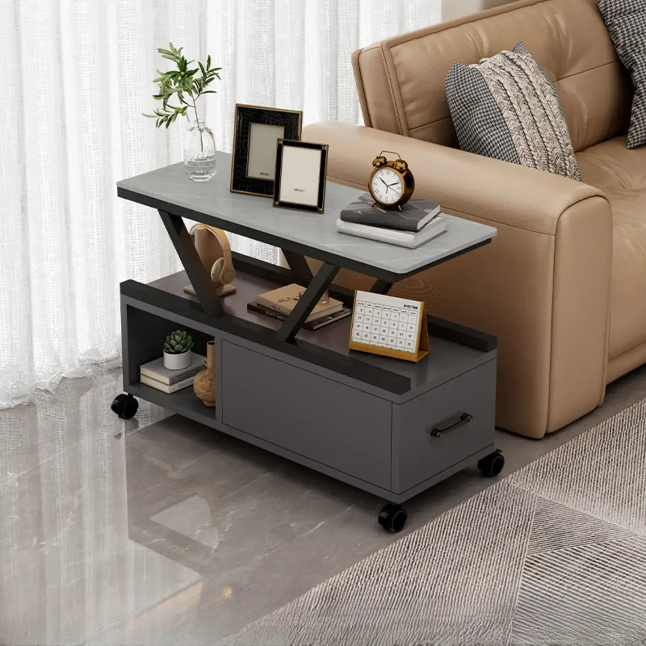 Table d'appoint mobile rectangulaire avec plateau en pierre frittée grise et rangement