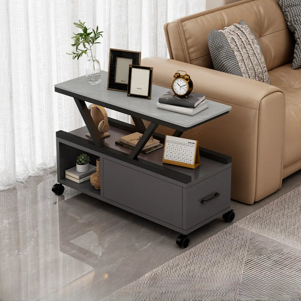 Table d'appoint mobile rectangulaire avec plateau en pierre frittée grise et rangement