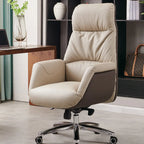 Fauteuil pivotant ergonomique en cuir véritable beige avec dossier haut