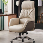 Fauteuil pivotant ergonomique en cuir véritable beige avec dossier haut