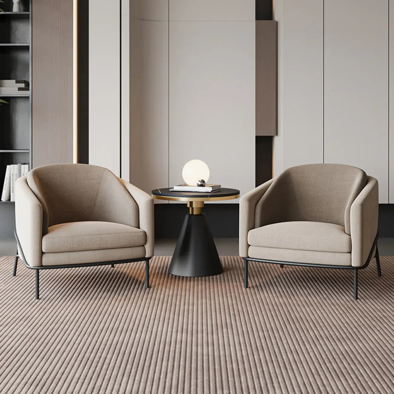 Fauteuil tonneau moderne recouvert de tissu kaki