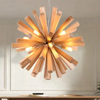 Lustre en bois style moderne du milieu du siècle, forme d'étoile, lumière chaude