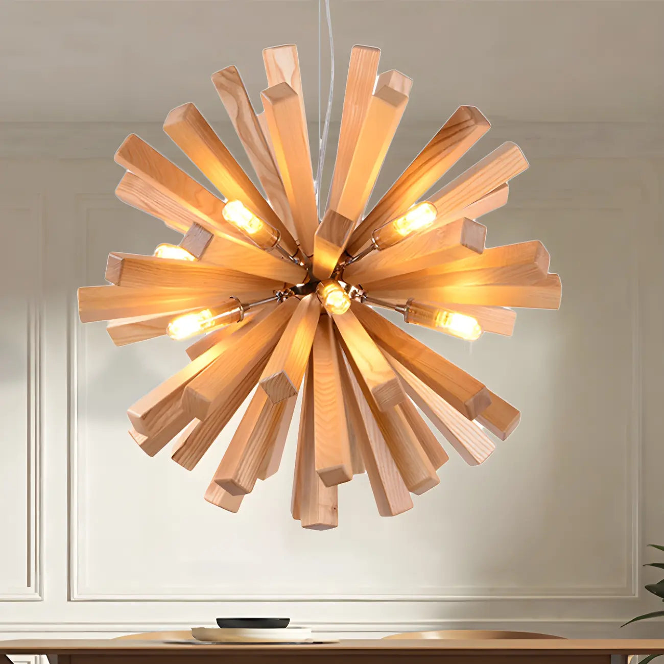 Lustre en bois style moderne du milieu du siècle, forme d'étoile, lumière chaude