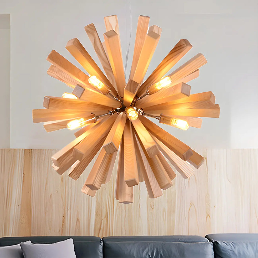 Lustre en bois style moderne du milieu du siècle, forme d'étoile, lumière chaude