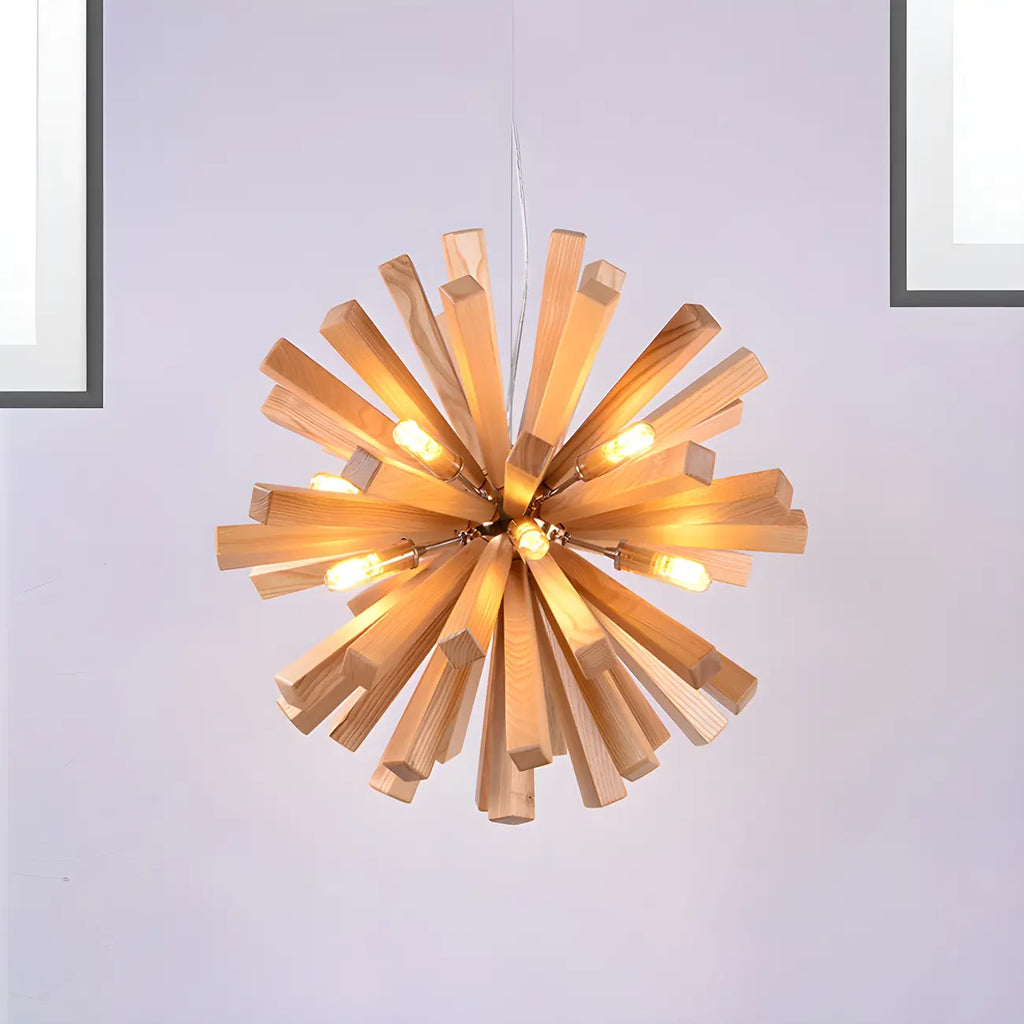 Lustre en bois style moderne du milieu du siècle, forme d'étoile, lumière chaude