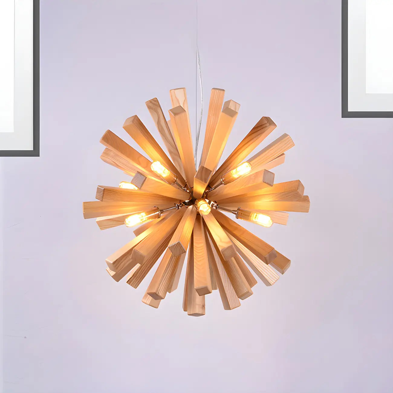 Lustre en bois style moderne du milieu du siècle, forme d'étoile, lumière chaude