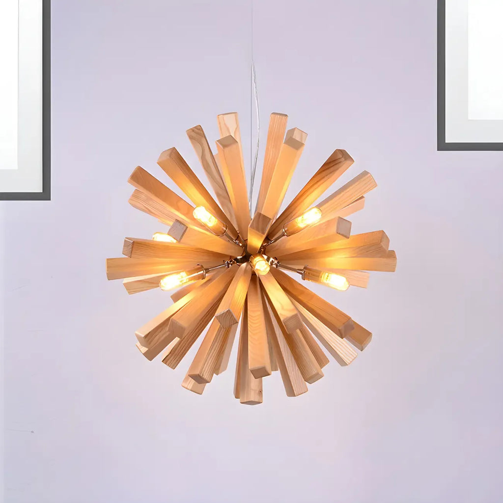 Lustre en bois style moderne du milieu du siècle, forme d'étoile, lumière chaude