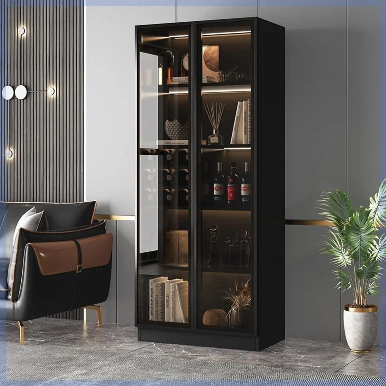 Grande vitrine pour parquet en bois noir avec éclairage