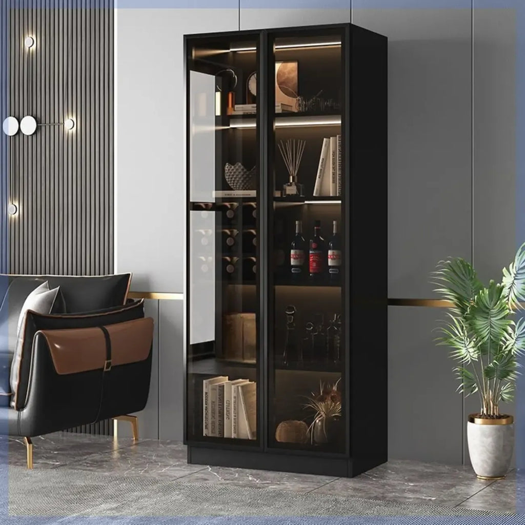 Grande vitrine pour parquet en bois noir avec éclairage