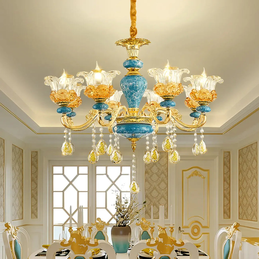 Grand lustre de luxe en laiton en forme de fleur et verre transparent
