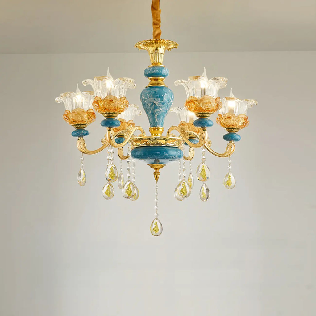 Grand lustre de luxe en laiton en forme de fleur et verre transparent