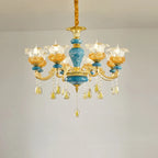 Grand lustre de luxe en laiton en forme de fleur et verre transparent