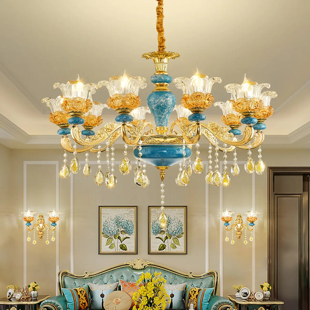 Grand lustre de luxe en laiton en forme de fleur et verre transparent