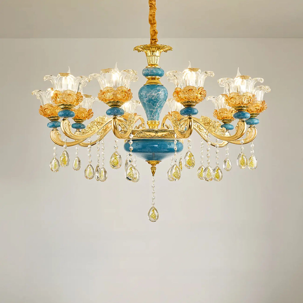 Grand lustre de luxe en laiton en forme de fleur et verre transparent
