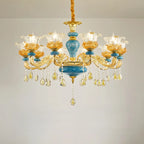 Grand lustre de luxe en laiton en forme de fleur et verre transparent