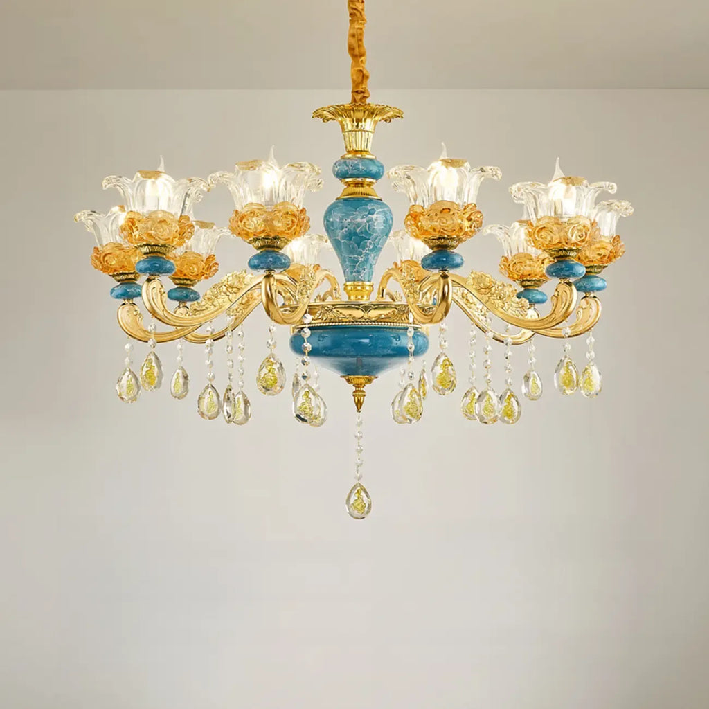 Grand lustre de luxe en laiton en forme de fleur et verre transparent