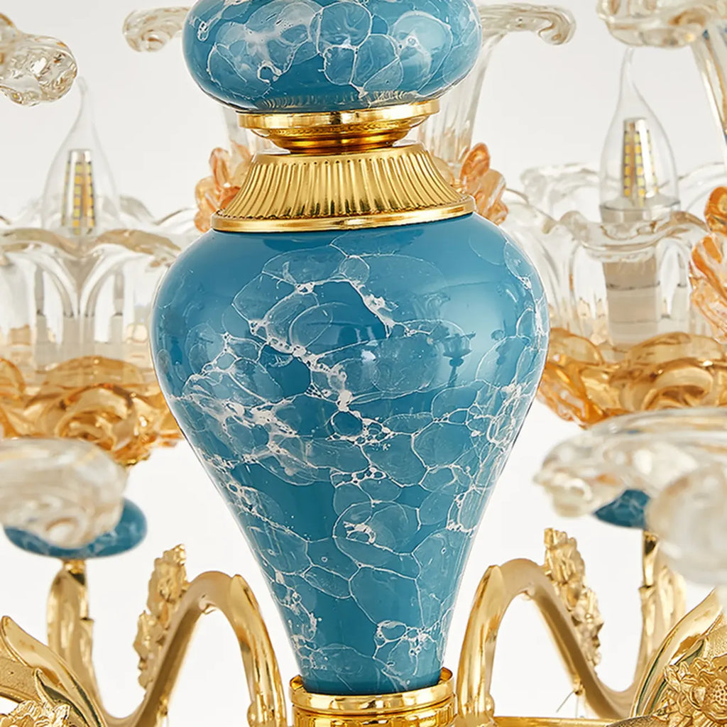 Grand lustre de luxe en laiton en forme de fleur et verre transparent