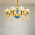 Grand lustre de luxe en laiton en forme de fleur et verre transparent