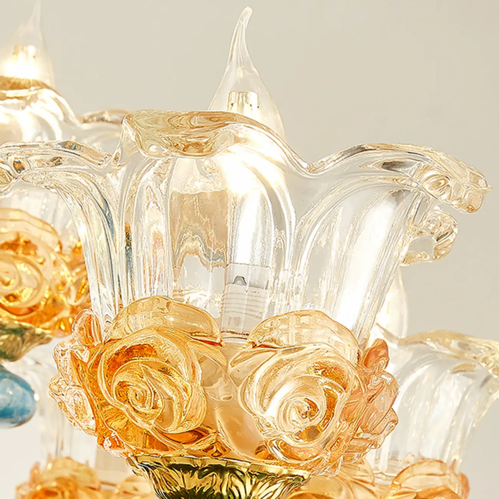 Grand lustre de luxe en laiton en forme de fleur et verre transparent