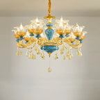 Grand lustre de luxe en laiton en forme de fleur et verre transparent