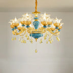 Grand lustre de luxe en laiton en forme de fleur et verre transparent