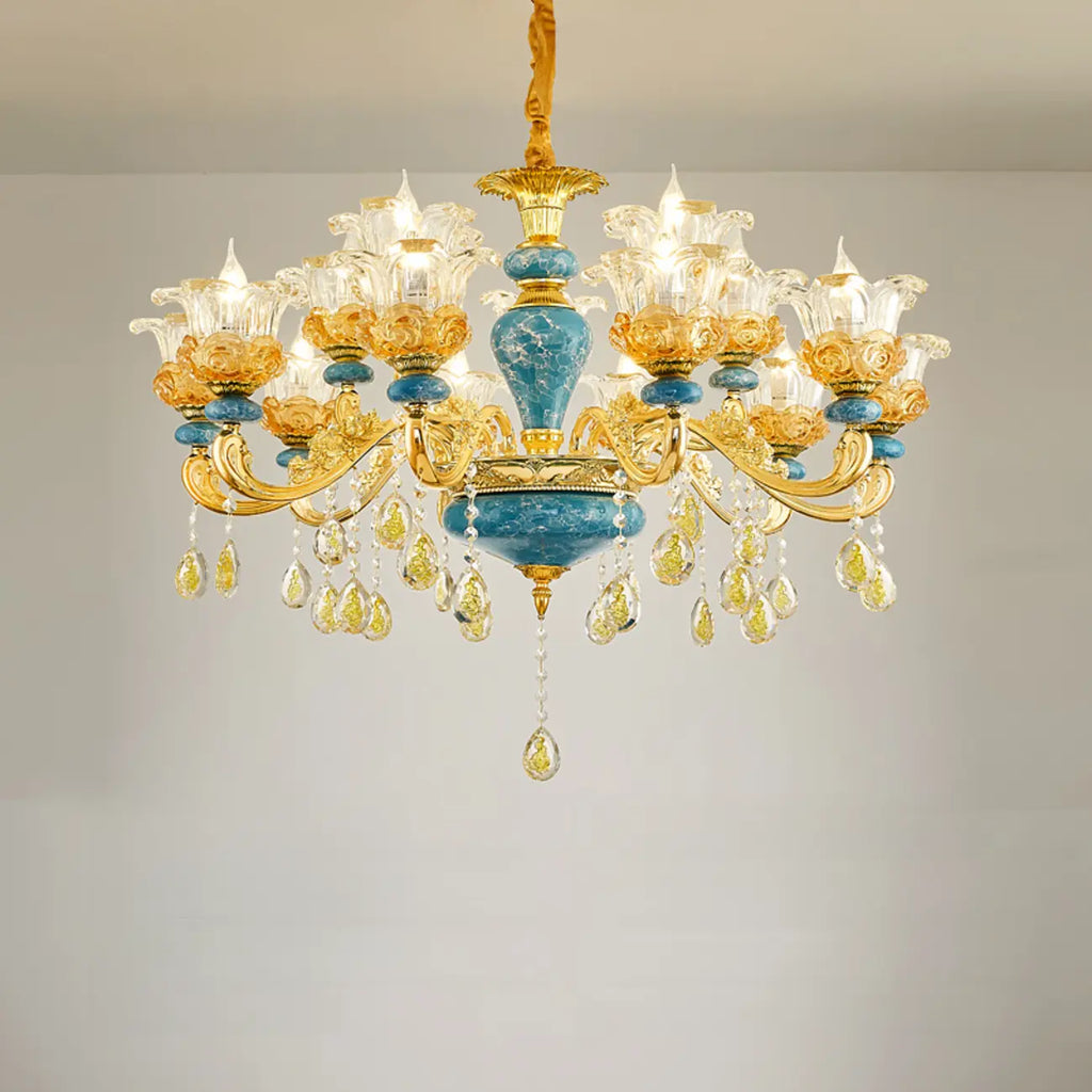 Grand lustre de luxe en laiton en forme de fleur et verre transparent