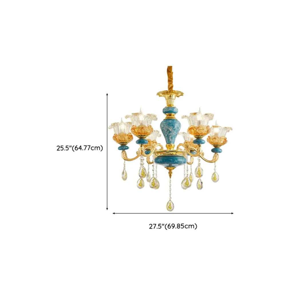 Grand lustre de luxe en laiton en forme de fleur et verre transparent