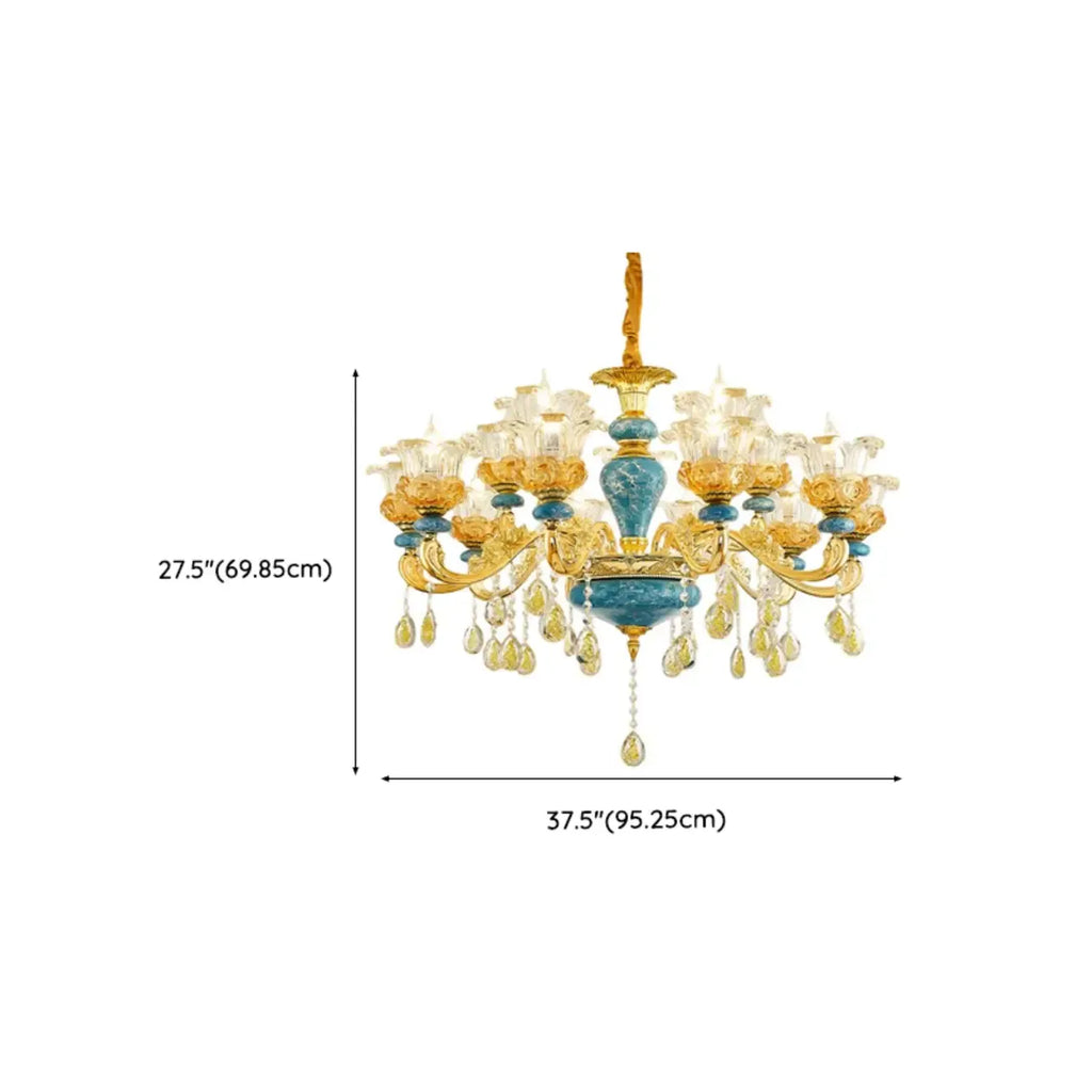 Grand lustre de luxe en laiton en forme de fleur et verre transparent