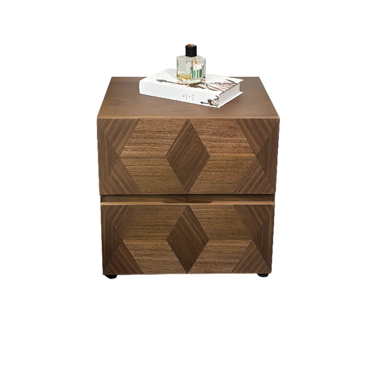 Table de chevet étroite élégante en bois brun noyer à 2 tiroirs