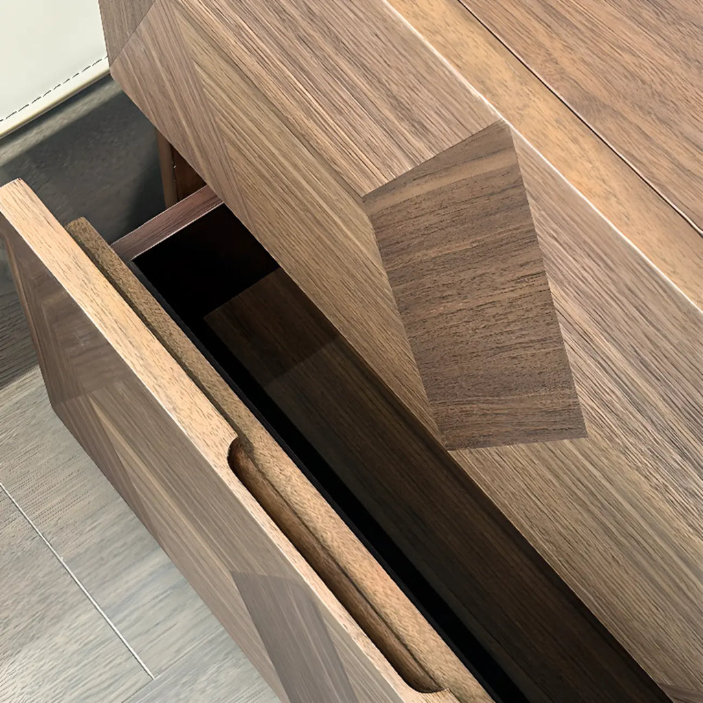 Table de chevet étroite élégante en bois brun noyer à 2 tiroirs