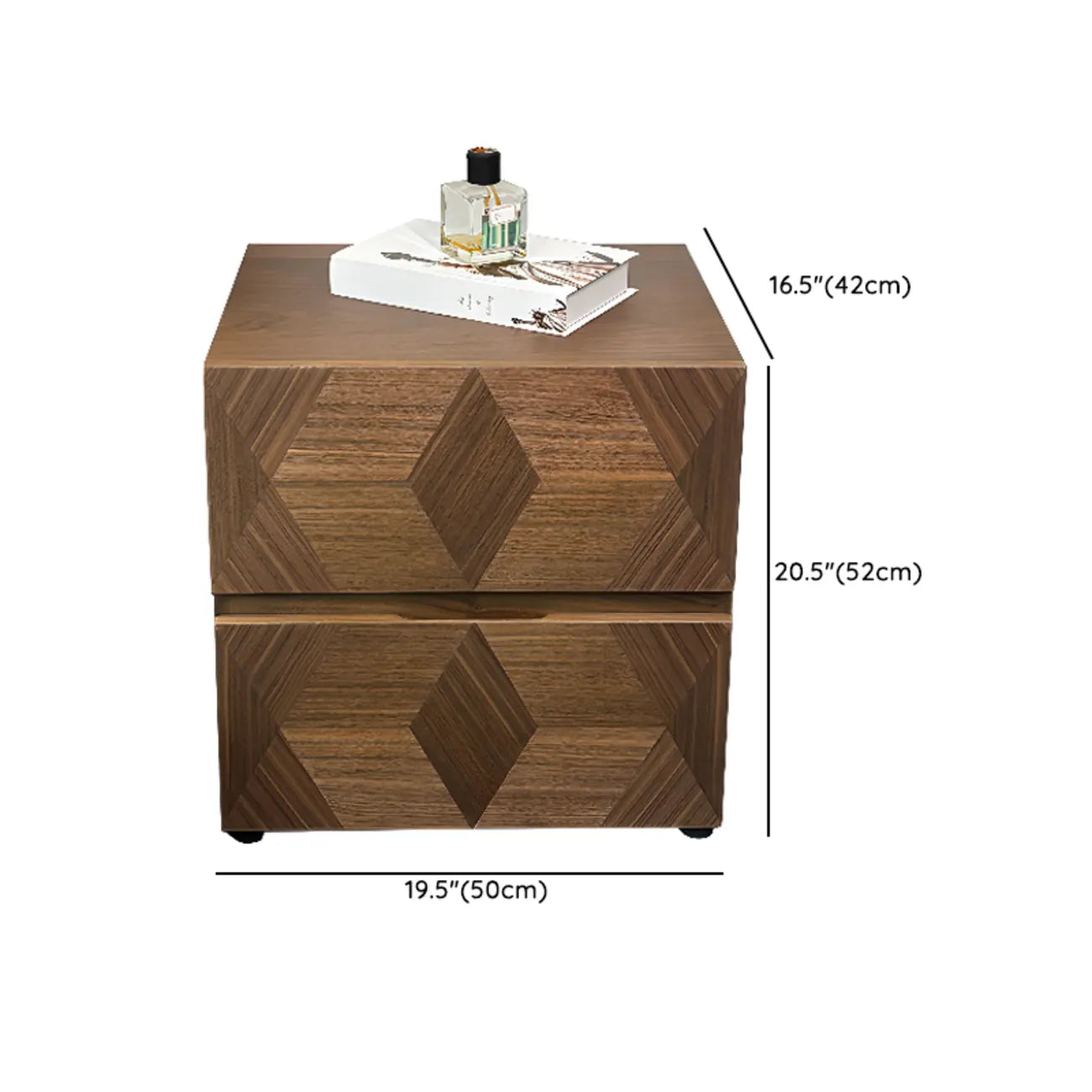 Table de chevet étroite élégante en bois brun noyer à 2 tiroirs