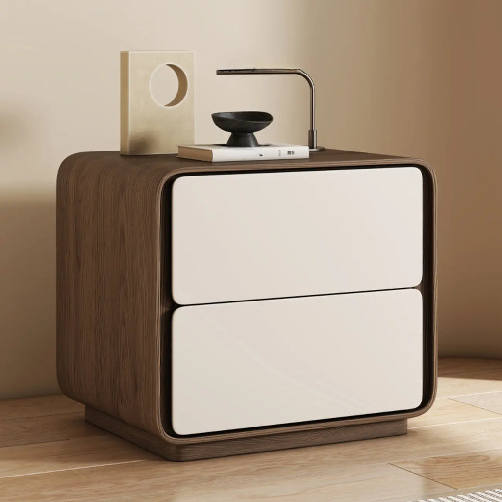Table de chevet moderne avec plateau en bois et similicuir, 2 tiroirs