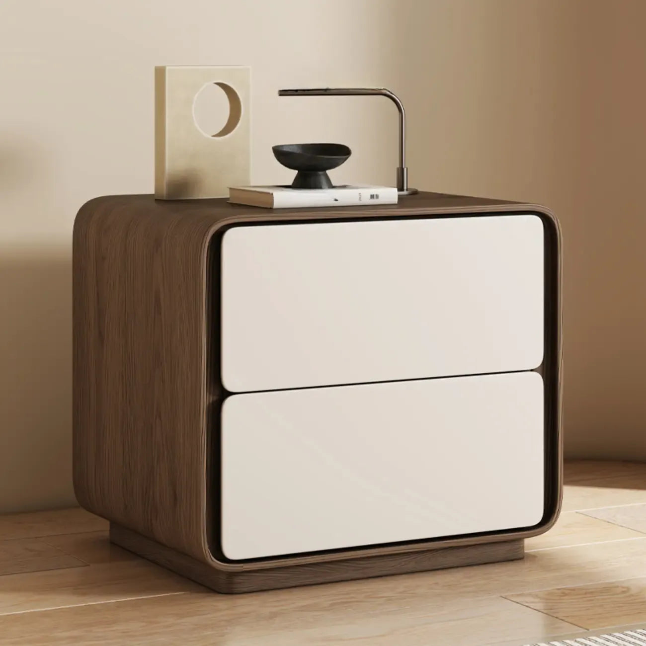Table de chevet moderne avec plateau en bois et similicuir, 2 tiroirs