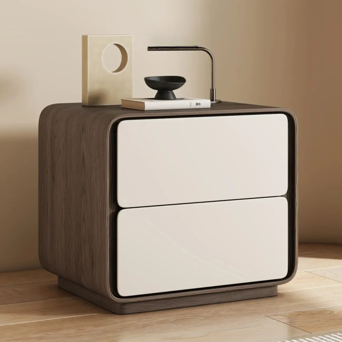 Table de chevet moderne avec plateau en bois et similicuir, 2 tiroirs