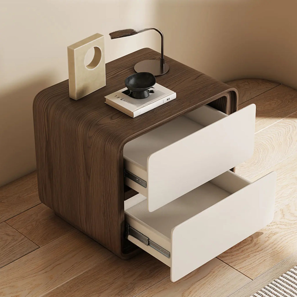 Table de chevet moderne avec plateau en bois et similicuir, 2 tiroirs