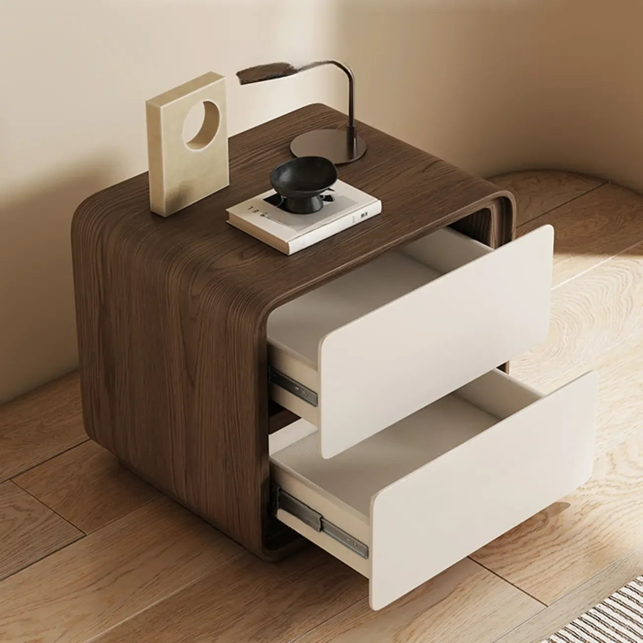 Table de chevet moderne avec plateau en bois et similicuir, 2 tiroirs