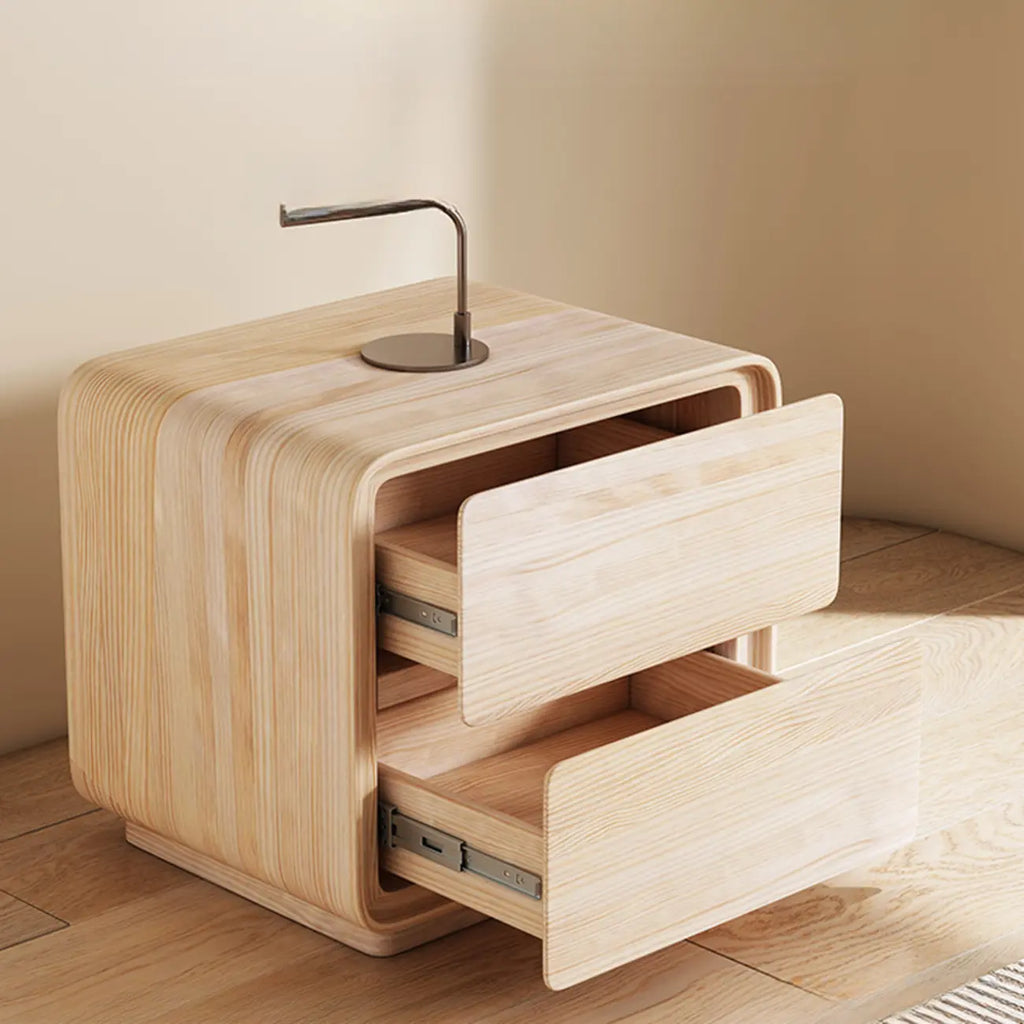 Table de chevet moderne avec plateau en bois et similicuir, 2 tiroirs