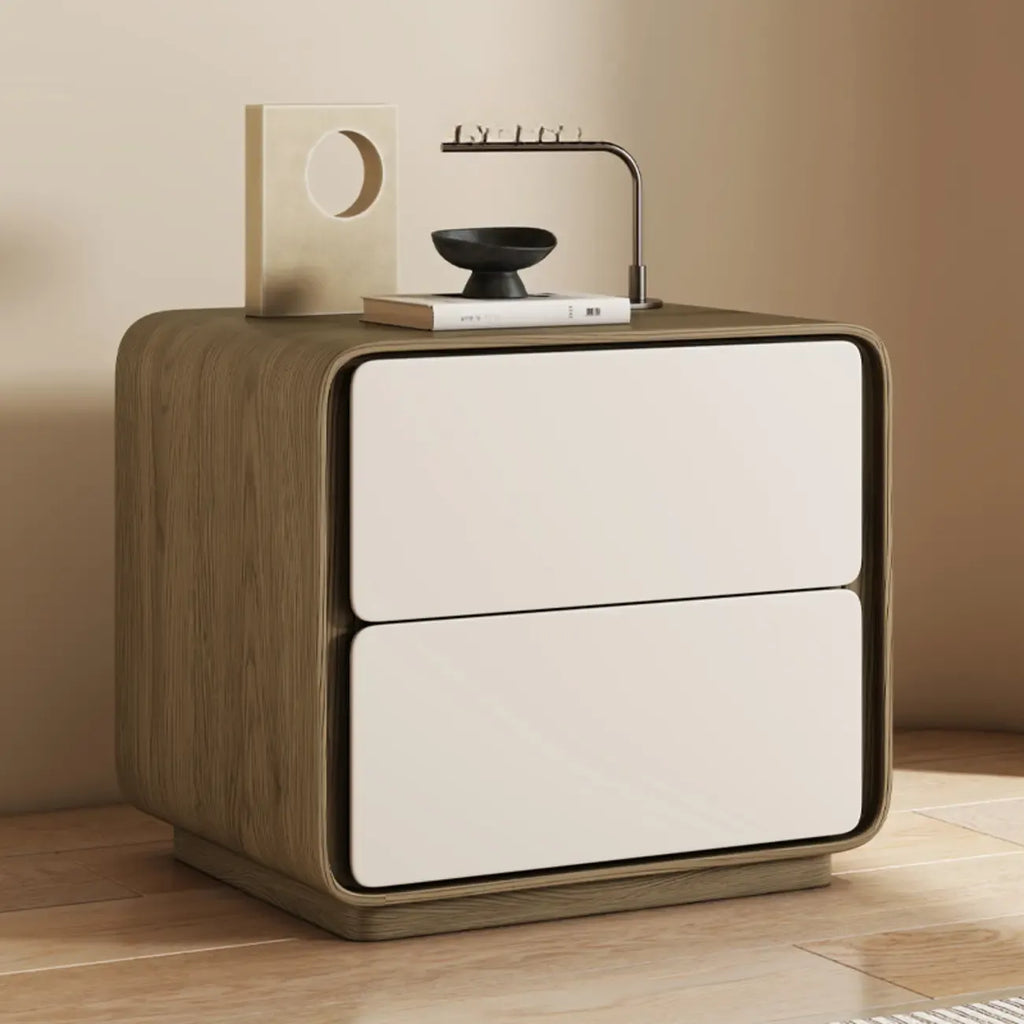 Table de chevet moderne avec plateau en bois et similicuir, 2 tiroirs