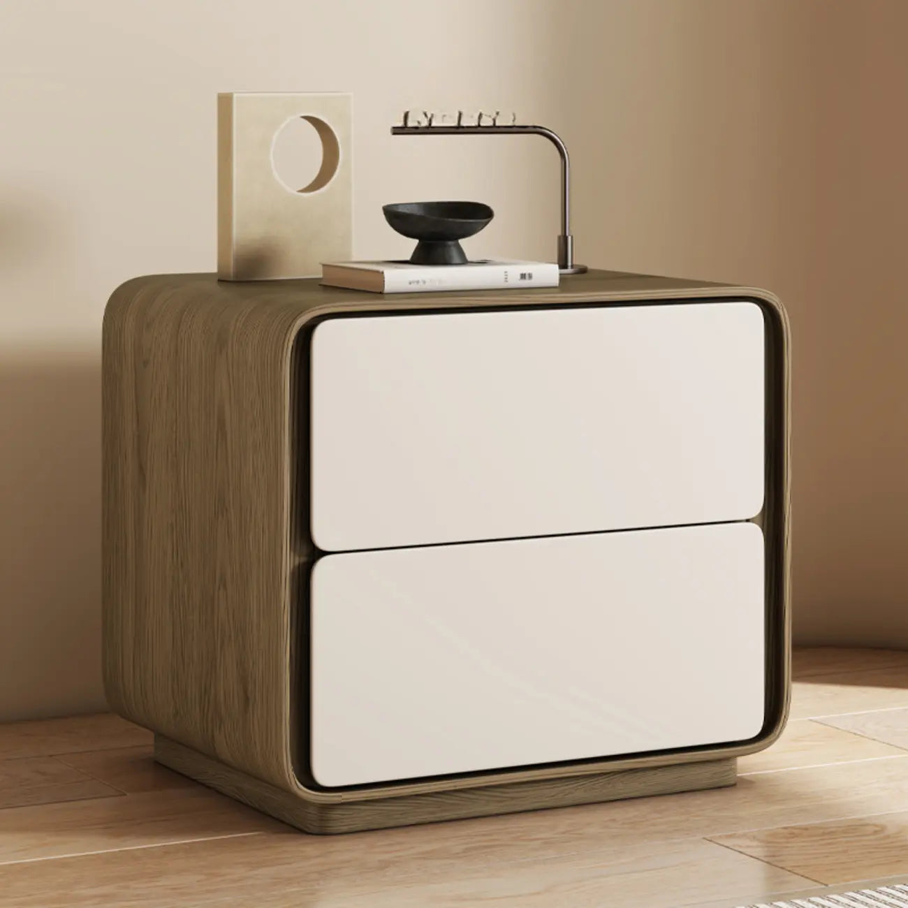 Table de chevet moderne avec plateau en bois et similicuir, 2 tiroirs