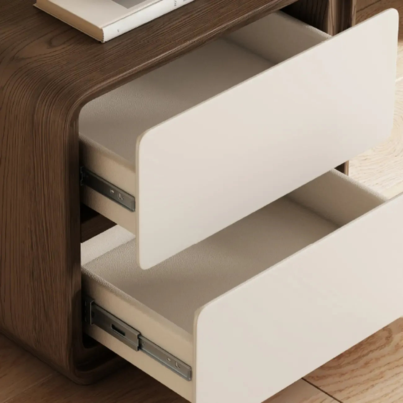 Table de chevet moderne avec plateau en bois et similicuir, 2 tiroirs