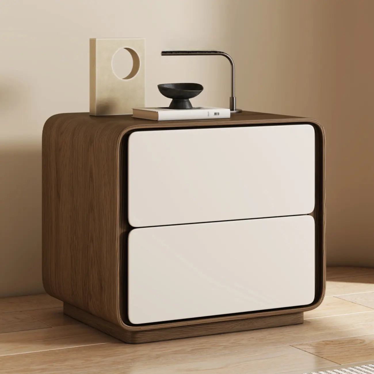 Table de chevet moderne avec plateau en bois et similicuir, 2 tiroirs