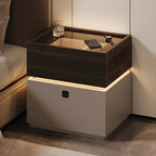 Table de chevet étroite en bois avec plateau en verre noir, deux tiroirs et éclairage intégré
