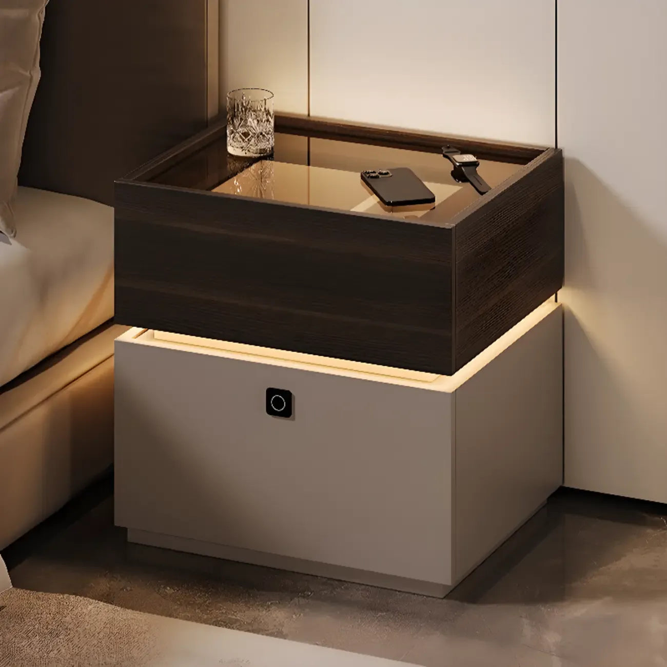 Table de chevet étroite en bois avec plateau en verre noir, deux tiroirs et éclairage intégré