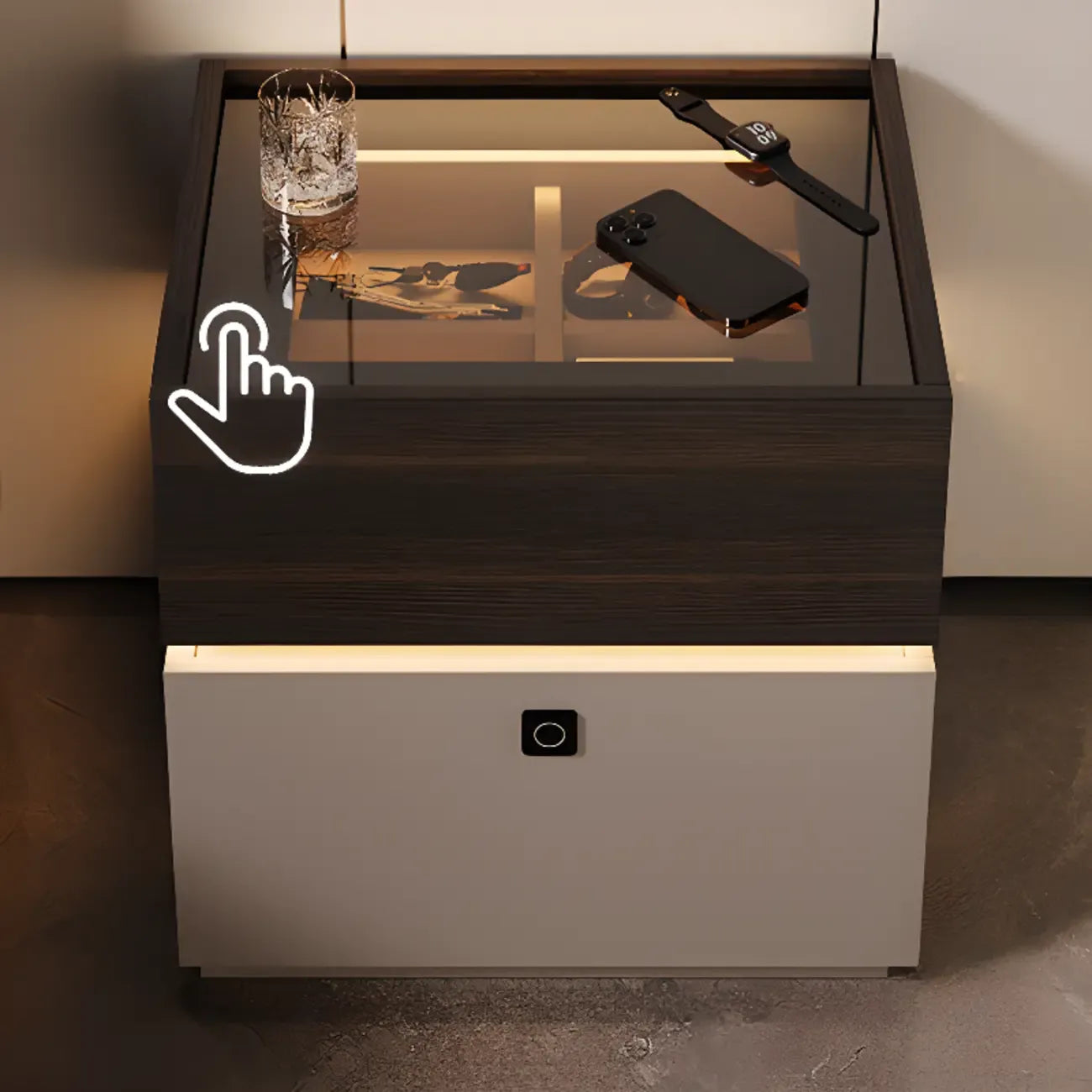 Table de chevet étroite en bois avec plateau en verre noir, deux tiroirs et éclairage intégré