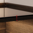 Table de chevet étroite en bois avec plateau en verre noir, deux tiroirs et éclairage intégré