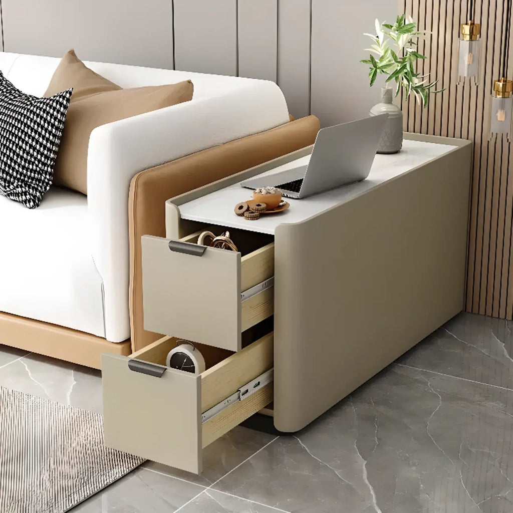Table d'appoint compacte en bois massif avec plateau en pierre kaki et 2 tiroirs